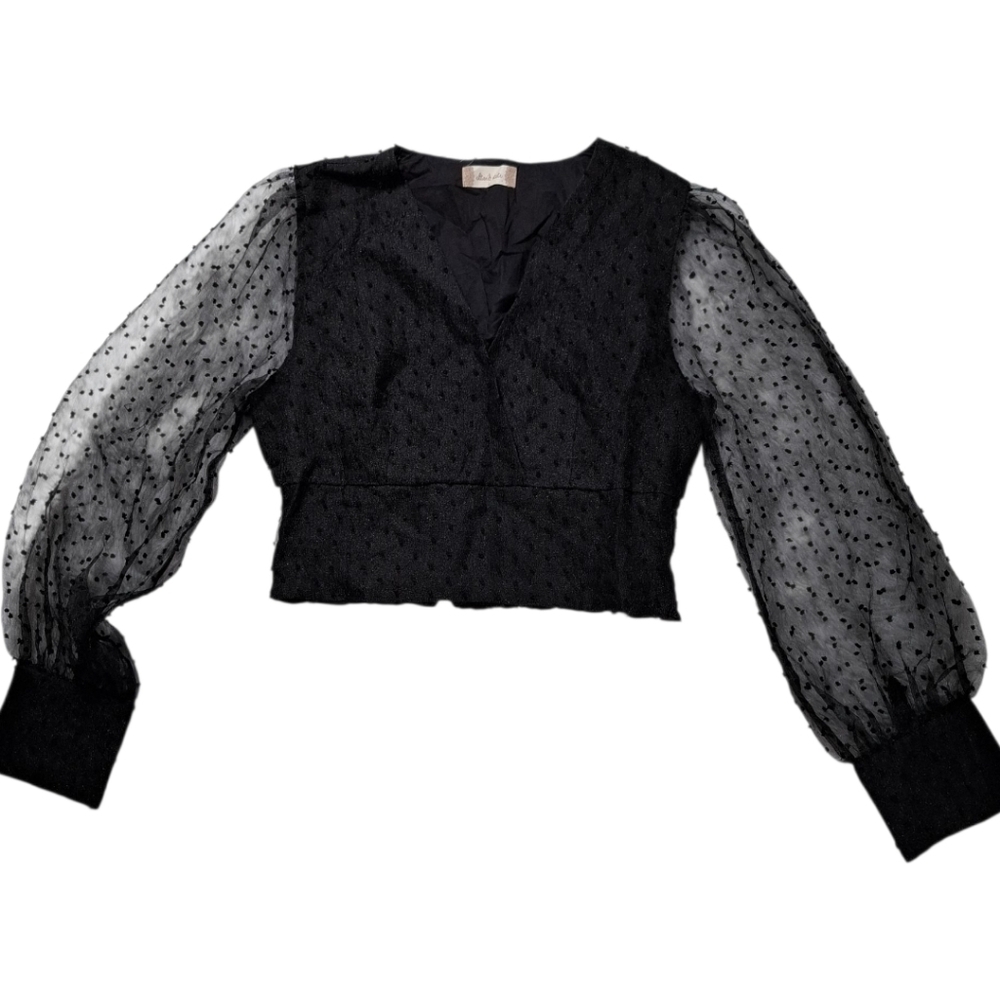 Altar’d State Cropped Black Top Textured Sheer Sleeve Size Large